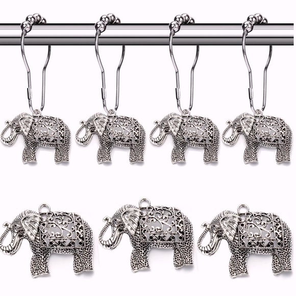 NEW IN BOX! 🛁🐘🚿 12 ANTIQUE SILVER ELEPHANT RUST PROOF SHOWER RINGS & HOOKS SET - Picture 2 of 16